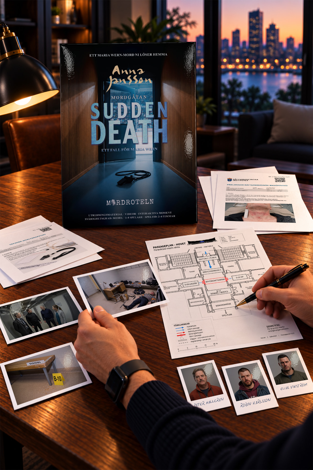 Innehållet i Sudden Death med bevisbilder och planritning över arenan